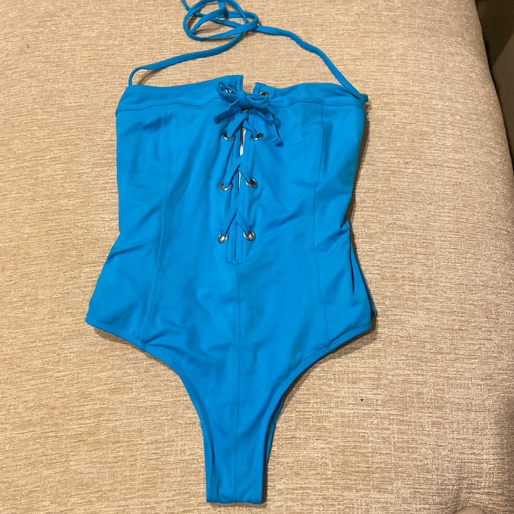Teal Blue Lace Up Corset style swimsuit, size medium.